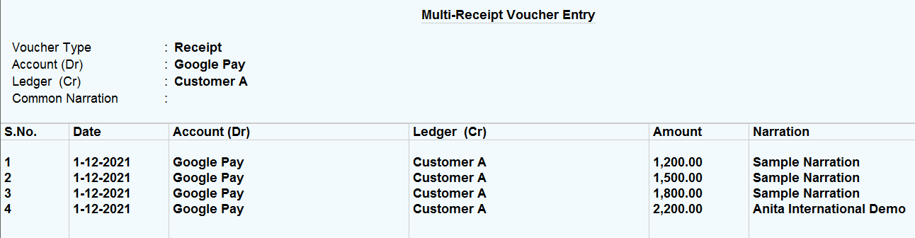 Multi Recipt Voucher Entry in Tally